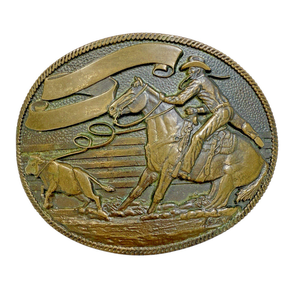 Vtg ADM Solid Brass Belt Buckle Western Cowboy Rodeo Cow Lasso Chunky Rockabilly